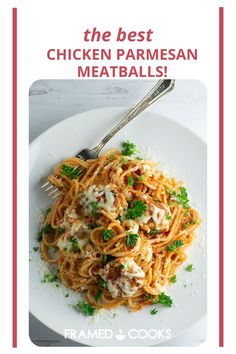 the best chicken parmesan meatballs on a white plate with a silver fork