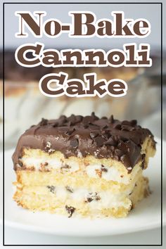 a close up of a piece of cake on a plate with the words no - bake cannoli cake