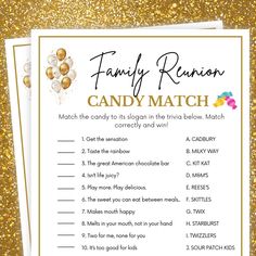 a candy match game with balloons and confetti on the top, in gold glitter