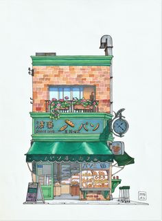 a drawing of a store front with a clock on the outside and green awnings