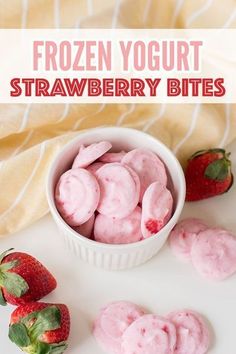 frozen yogurt strawberry bites in a bowl with strawberries