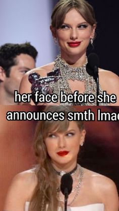 taylor swift and taylor swift on stage at the oscars, with text that reads her face before she announces smh images