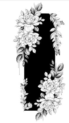 a black and white drawing of flowers with leaves on the bottom half of the frame