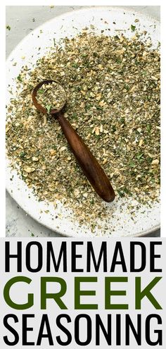 homemade greek seasoning recipe on a white plate with a wooden spoon in the middle