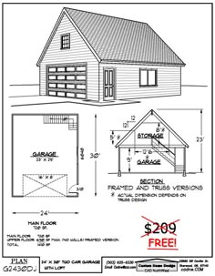 the garage plan for this two car garage is shown in black and white, with measurements to