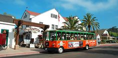 an orange and green bus driving down a street next to a white building with palm trees