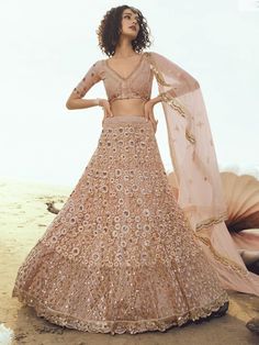 Peach Net Embroidered Lehenga Choli - inddus-us Lehenga Poses, Stylish Lehenga, Pink Bridal Lehenga, Peach Lehenga, Satin Lehenga, Reception Outfits, Indian Wedding Lehenga, Designer Bridal Lehenga Choli, Lehenga Choli Wedding