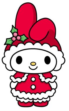 a hello kitty christmas card with a santa claus hat and holly berries on the top