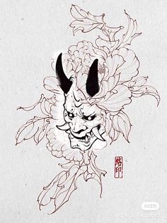 an ink drawing of a demon with flowers on it's head and two horns sticking out of its mouth