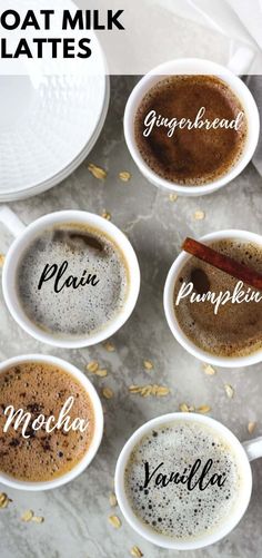 four different types of hot chocolate in mugs with the names of their respective flavors