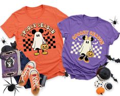 Retro Mickey Minnie Halloween Couple Shirts, Mickey Ghost T-Shirt, Minnie Ghost Shirt, Spooky Season Shirt, Cute Halloween Shirts, Ghost Tee -UNISEX T-SHIRTS - Women typically wear one size down for a fitted look. -The Models in the pictures are wearing 2 sizes up, Please order 2 sizes up for an oversized look DETAILS AND FABRIC: * Comfort Colors 1717 * 100% ring-spun cotton How you order: Select your size and the color that you want from the drop down bar, add to cart, and check out.  How to or Casual Mickey Mouse T-shirt For Fall, Cotton Mickey Mouse T-shirt For Fall, Graphic Print T-shirt For Disney Fan Events In Fall, Mickey Mouse T-shirt For Disney Fan Events In Fall, Halloween Mickey Mouse Crew Neck Top, Halloween Mickey Mouse Short Sleeve T-shirt, Fall Mickey Mouse Crew Neck T-shirt, Fun Tops For Disney Fan Events In Fall, Halloween Couple Shirts