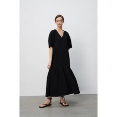 V-Neck Midi Dress With Short Sleeves. Ruffled Hem With Pleats. Color Black Outer Shell 100% Cotton Black Midi V-neck Dress For Daywear, Spring Black V-neck Daywear Dress, Black V-neck Dress For Spring Daywear, Casual Black V-neck Dress For Daywear, Black V-neck Dress For Daywear In Summer, Black V-neck Summer Dress For Daywear, Black V-neck Dress For Summer Daywear, Chic Black V-neck Dress For Daywear, Zara V-neck Daywear Dress