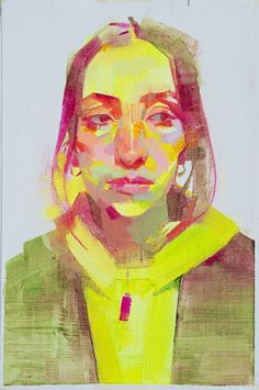 a painting of a woman wearing a yellow jacket and pink scarf with her hand on her shoulder