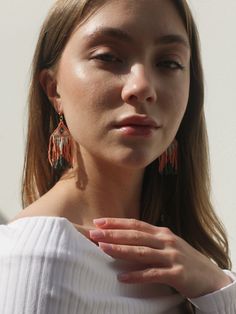 Classic beaded drape earrings with subtle hint of flamingo color 🦩 Fair trade Handcrafted in India Glass beads Hypoallergenic & nickel free Measures 2.75" in length Flamingo Color, Beaded Fringe Earrings, Botanical Collection, Human Poses Reference, Human Poses, Beaded Fringe, Poses Reference, Gold Collection, Fringe Earrings