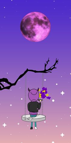 a person sitting on a swing with flowers in front of a moon and tree branch