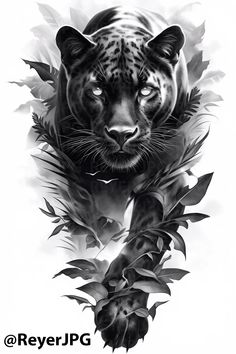 a black and white drawing of a tiger with leaves on it's back legs