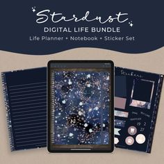 the stardust digital life bundle includes an ipad, notebook and sticker set with pictures