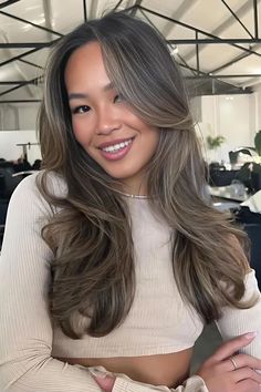 Ash Gray Babylights On Brown Hair Gray Babylights, Babylights On Brown Hair, Ashy Brown Hair Balayage, Ash Brown Hair Balayage, Ashy Brown Hair, Ashy Brown, Babylights Hair, Brown Hair Inspiration, Balayage Blond