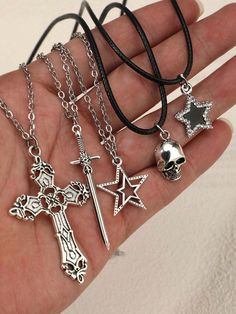 Plateado  Collar  Aleación de zinc   Embellished Metal Head Jewelry, Accessories Alt, Emo Jewelry, Punk Rock Style, Star Cross, Stainless Steel Chain Necklace, Women Pendant, Gothic Makeup