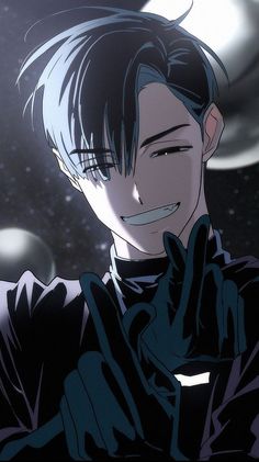 an anime character with black hair and blue eyes is smiling at the camera while holding his hand up to his face