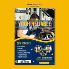 a blue and yellow flyer for repair shop with an image of a man working on a car