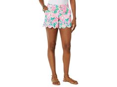 Lilly Pulitzer Buttercup Knit Shorts - Women's Shorts : Resort White Thats What I Herd : You'll love wearing the Lilly Pulitzer® Buttercup Knit Shorts for a weekend stroll, or lunch out with the girls. Printed short in a stretchy rayon-nylon blend fabrication, featuring a scalloped hemline. Low rise. Flat front. Slant hand pockets. Back welt pockets. Banded waist. Zipper fly and gold-tone button closure. 68% rayon, 27% nylon, 5% spandex. Machine wash cold, tumble dry low. Imported. Measurements: Fitted Bottoms With Scalloped Edges For Spring, Playful Yellow Summer Shorts, Yellow Beach Bottoms With Built-in Shorts, Yellow Beach Shorts With Built-in Lining, Lilly Pulitzer Disney Print, Lilly Pulitzer Shorts, Knit Short, Women's Shorts, Knit Shorts