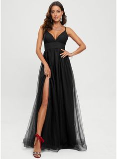 JJ's House Tulle V-Neck <=200 Spring Summer A-line General Plus Leg Slit Back Zip Sweet & Flow Simple Black Tie Black Height:5.8ft（176cm） Bust:32in（82cm）Waist:24in（61cm）Hips:35in（89cm） No Floor-Length Black Spaghetti Straps Prom Dresses. #JJ's House #Tulle #VNeck #<=200 #Spring #Summer #Aline #General #Plus #LegSlit #BackZip #Sweet&Flow #Simple #BlackTie #Black #No #FloorLength #Black #SpaghettiStraps #PromDresses Black Formal Tulle Dress, Black Prom Dresses Plus Size, Black Bridesmaid Dresses Plus Size, Dresses For Big Bust, Tulle Prom Dresses, Rose Gold Dress, Prom Dress Plus Size, Spaghetti Strap Prom Dress, Simple Prom Dress