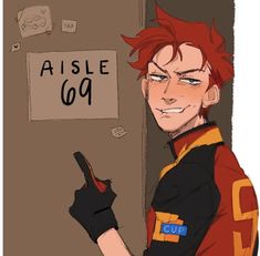 an anime character with red hair and black gloves pointing at the wall that says aisle 60