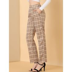 These pants are essential for dressing up or down. Lightweight fabric, covered in a plaid pattern, shapes these trendy trousers with a high-rise fit. How it is a bit high waist and how it gathers at the waist adding shape to the body. You may love everything about these trousers, from their regular fit to the elastic high-waist, which could double as a hiding mechanism for women with love handles. Style these trousers with a crop top and heels for the ultimate look. This fashionable and trendy c Chic Plaid Straight Leg Pants, Plaid Ankle-length Pants With Pockets, Chic High-waisted Plaid Pants, Trendy Non-stretch Plaid Bottoms, Trendy Plaid Cotton Pants, High Waist Plaid Pants For Fall, Trendy Fitted Plaid Pants, Trendy High Waist Plaid Bottoms, Plaid Straight Pants For Fall