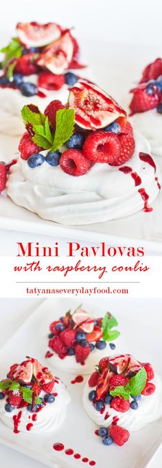 the dessert is made with whipped cream and berries on top, topped with mint leaves