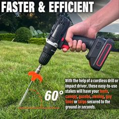 a man is using a drill to trim the grass with an electric screwdriver