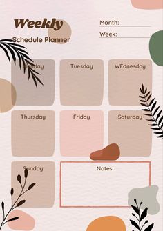 a weekly planner with plants and leaves on it