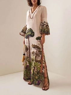 Flared Sleeves Loose Leaves Print V-Neck Maxi Dresses Beige Long Sleeve V-neck Dress For Summer, Boho Elegant Outfit, Vintage Leaves, Flare Sleeves, Leaves Print, Linen Maxi Dress, Linnet, Maxi Dress Evening, Estilo Boho