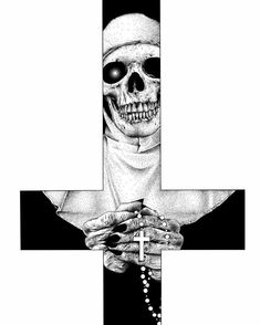 a black and white photo of a cross with a skeleton holding a rosary in it's hands