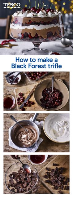 chocolate cake with white frosting and cherries on top, in front of the words how to make a black forest trifle