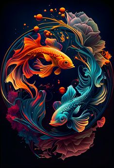 two goldfishs are swimming in the water with leaves and bubbles around them on a black background