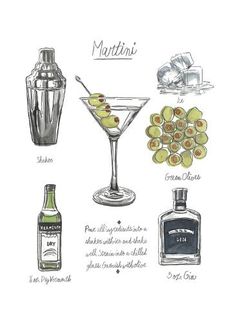 an illustration of martini cocktails with olives