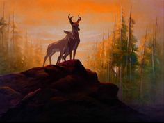 two deer standing on top of a rock in front of an orange and yellow sky