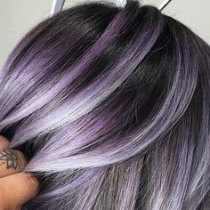 Black Grey And Purple Hair, Grey To Purple Hair, Purple Highlights Grey Hair, Gray Hair With Purple Highlights, Purple Underneath Hair, Lavender Grey Hair, Directions Hair Colour