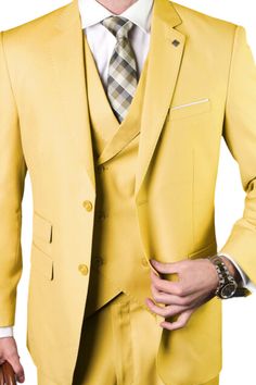 Be the ray of sunshine in any room with our Yellow 3PC suit from the Qualitique Collection. Tailored for a modern fit and constructed with Super 150's Italian Wool, this ensemble is a vibrant choice for the audacious gentleman. Featuring Yellow, a hue of positivity and enthusiasm Modern Fit to keep you ahead of the curve Woven from Super 150's Italian Wool for supreme quality Double-breasted vest for a luxurious accent 100% Wool, ensuring comfort and durability Flat Front Pants for a sleek, mode Yellow Tailored Suit For Semi-formal Occasions, Classic Yellow Suits For Semi-formal Occasions, Classic Yellow Notch Lapel Suits, Yellow Semi-formal Suit With Notch Lapel, Luxury Single-breasted Yellow Outerwear, Modern Fit Suit, Double Breasted Vest, The Ray, Flat Front Pants