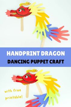 handprint dragon puppet craft with free printables for kids to make and play