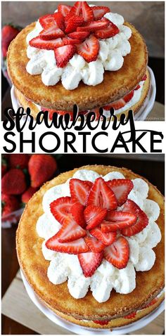 strawberry shortcake with whipped cream and fresh strawberries in the top, bottom and bottom