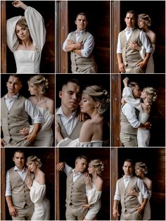 a man and woman are posing together in different poses, with their arms around each other