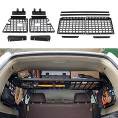 the back end of a car with its cargo compartment open and other items in it