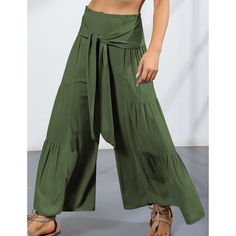 Army Green Smocked High Waist Palazzo Pants with Tie Summer Harem Pants With Pockets, Bohemian Summer Bottoms In Solid Color, Bohemian Solid Color Summer Bottoms, Solid Color Bohemian Wide Leg Pants For Vacation, Bohemian Solid Color Wide Leg Pants For Vacation, Bohemian Solid Wide Leg Pants For Beach, Bohemian Style Solid Color Wide Leg Pants For Vacation, Neutral Color Bohemian Wide Leg Pants For Beach, Solid Color Harem Bottoms For Summer