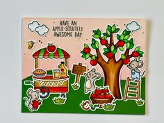 a card with an apple tree and mouses on it that says have an apple - quite awesome day