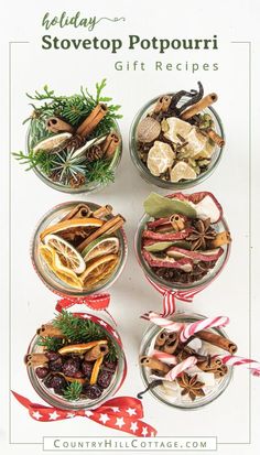 the holiday potpouri gift recipe is displayed in small glass bowls with ribbons on them