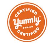 the certified yummy logo is orange and white with stars on it's center