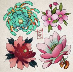 an image of flowers with chinese writing on the bottom and bottom part of each flower