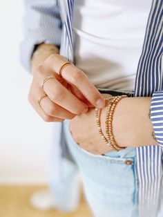 We have teamed up with Simple Joys Shop to bring you a collaboration of premium beaded gold filled wrist wear. These bracelets are created custom to your wrist size. ∙ D E T A I L S ∙ - 3mm bead size- Your choice of beaded gemstone- 18k Gold Filled Beads- Made with strong stretch cord to your custom size! Whats your size? It's super simple to measure. Grab a piece of yarn or flexible fabric and wrap it around your wrist (keep it neutral, not too tight and not too loose). Make a mark on the fabric & measure against a ruler! Always round up if you're between sizes :) ∙ G O L D ∙ F I L L E D ∙ Gold-filled components contain 100+ times more real gold than gold-plated components and are both durable and tarnish resistant. It is more affordable and accessible than solid gold but higher quality t Everyday Gold Round Crystal Bracelet, Spiritual Rose Gold Beaded Bracelets, Everyday Bracelets With 14k Gold Beads, Everyday Stackable Beaded Bangle Bracelets, Everyday Gold Beaded Bracelet Jewelry, Everyday 14k Gold-filled Bracelets With Gold Beads, Rose Gold Stackable Beaded Bangle Bracelets, 14k Gold Filled Beaded Bracelets With Tiny Beads, Everyday Spiritual Bracelets With Gold Beads